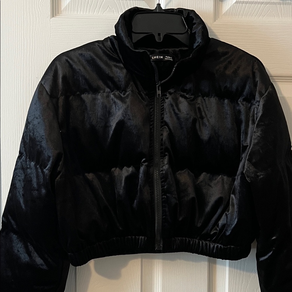 SHEIN Black Velvet Puffer Jacket
